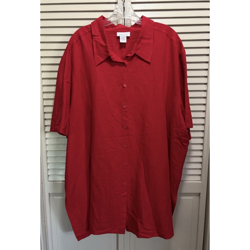 Avenue Red Button Up Collar Short Sleeve Shirt Size 26/28 Linen